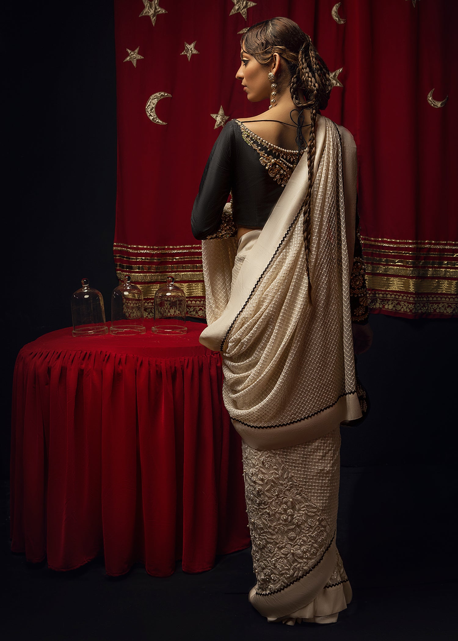 Black & White Embellished Raw Silk Blouse with Chiffon Saree (2-Piece) - Image 4