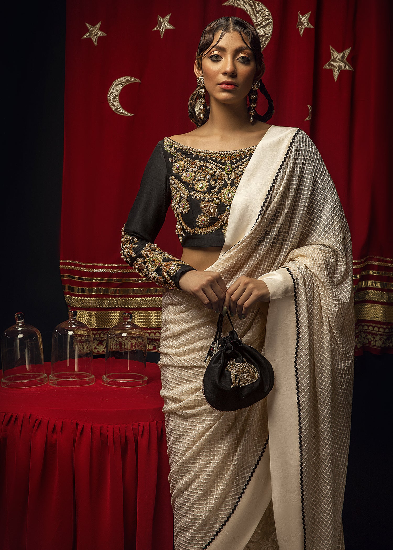 Black & White Embellished Raw Silk Blouse with Chiffon Saree (2-Piece) - Image 5