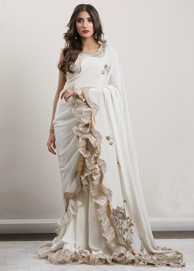 White Handworked Grip Saree (2-Piece) - Image 1