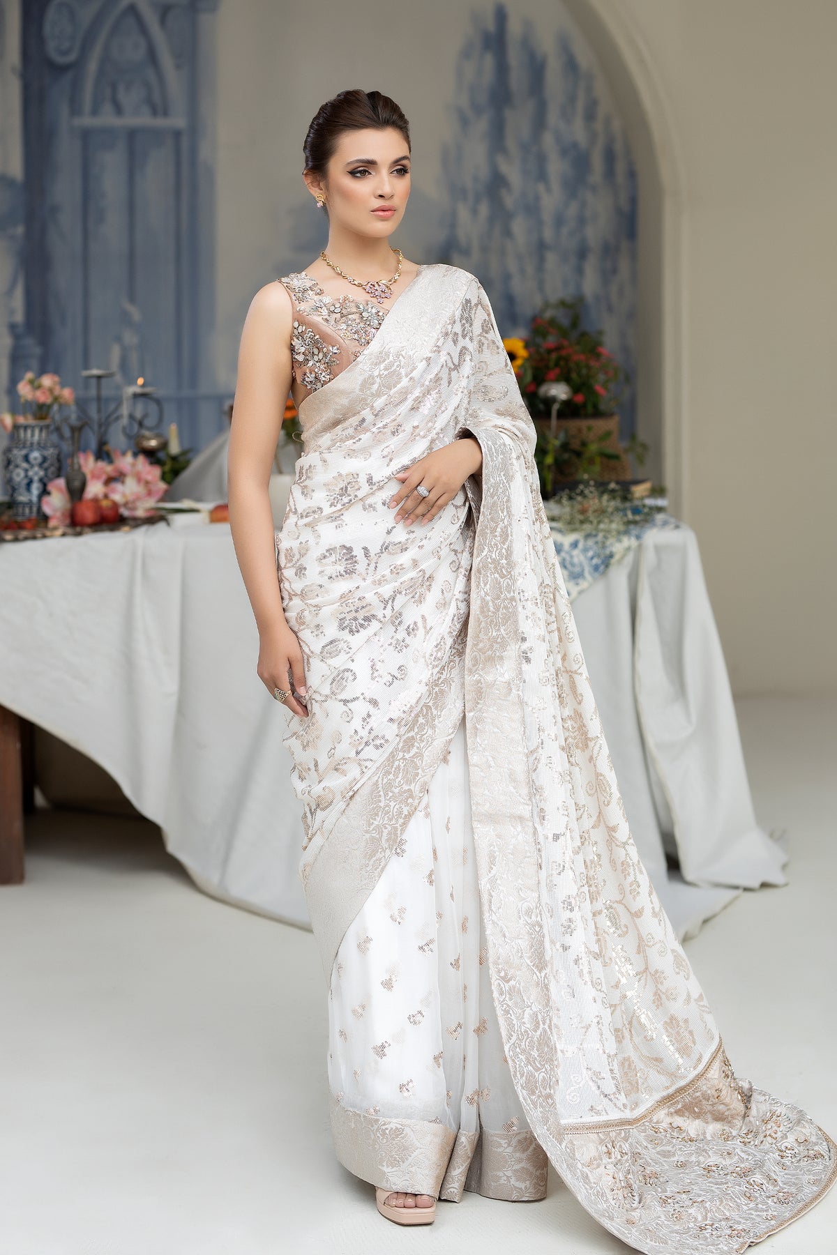 Pakistani White Hand-Embellished Khadi Net Saree (2-Piece) - Image 1