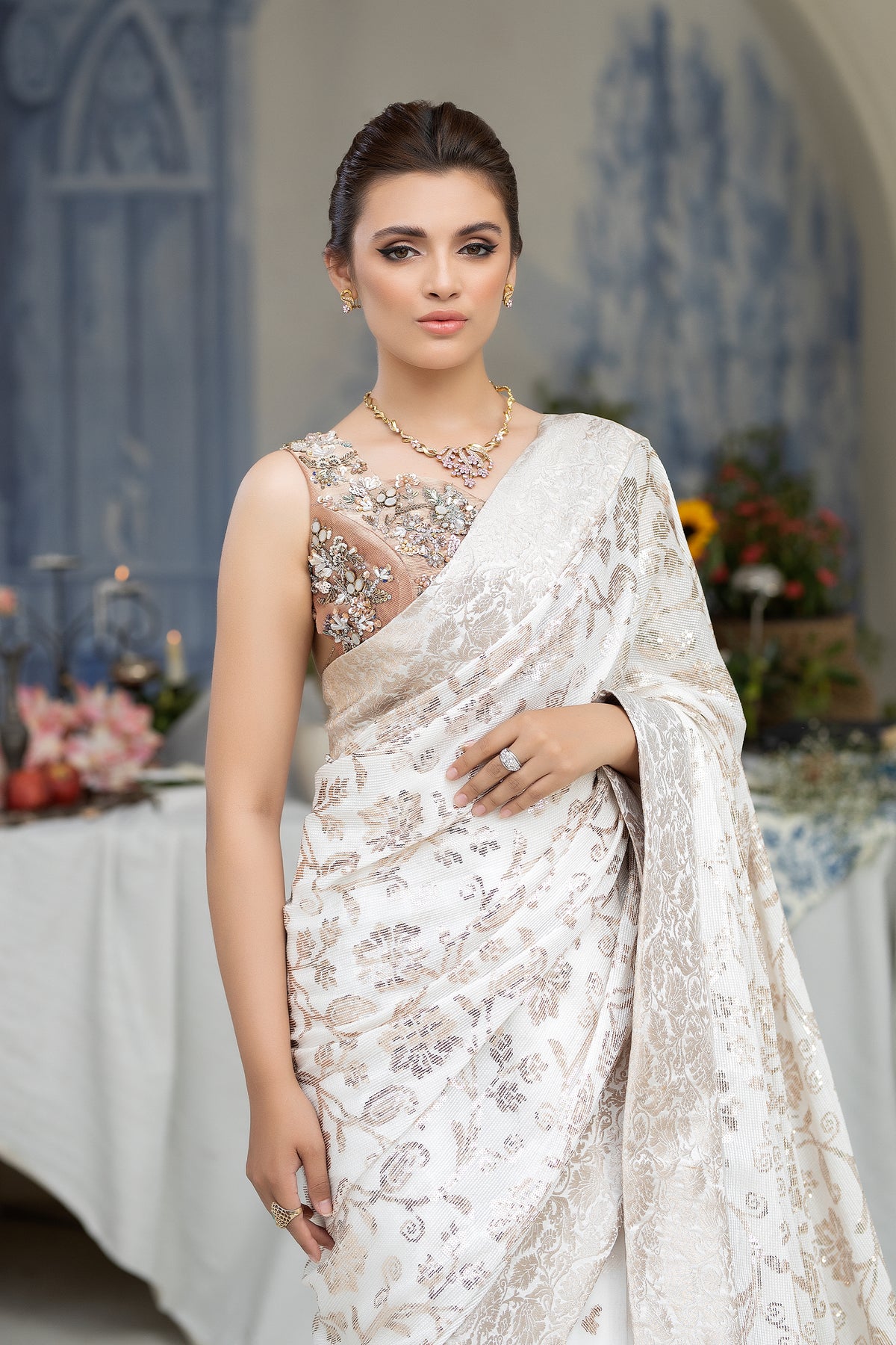 Pakistani White Hand-Embellished Khadi Net Saree (2-Piece) - Image 3