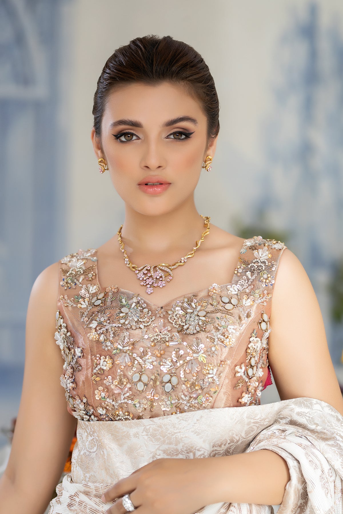 Pakistani White Hand-Embellished Khadi Net Saree (2-Piece) - Image 4