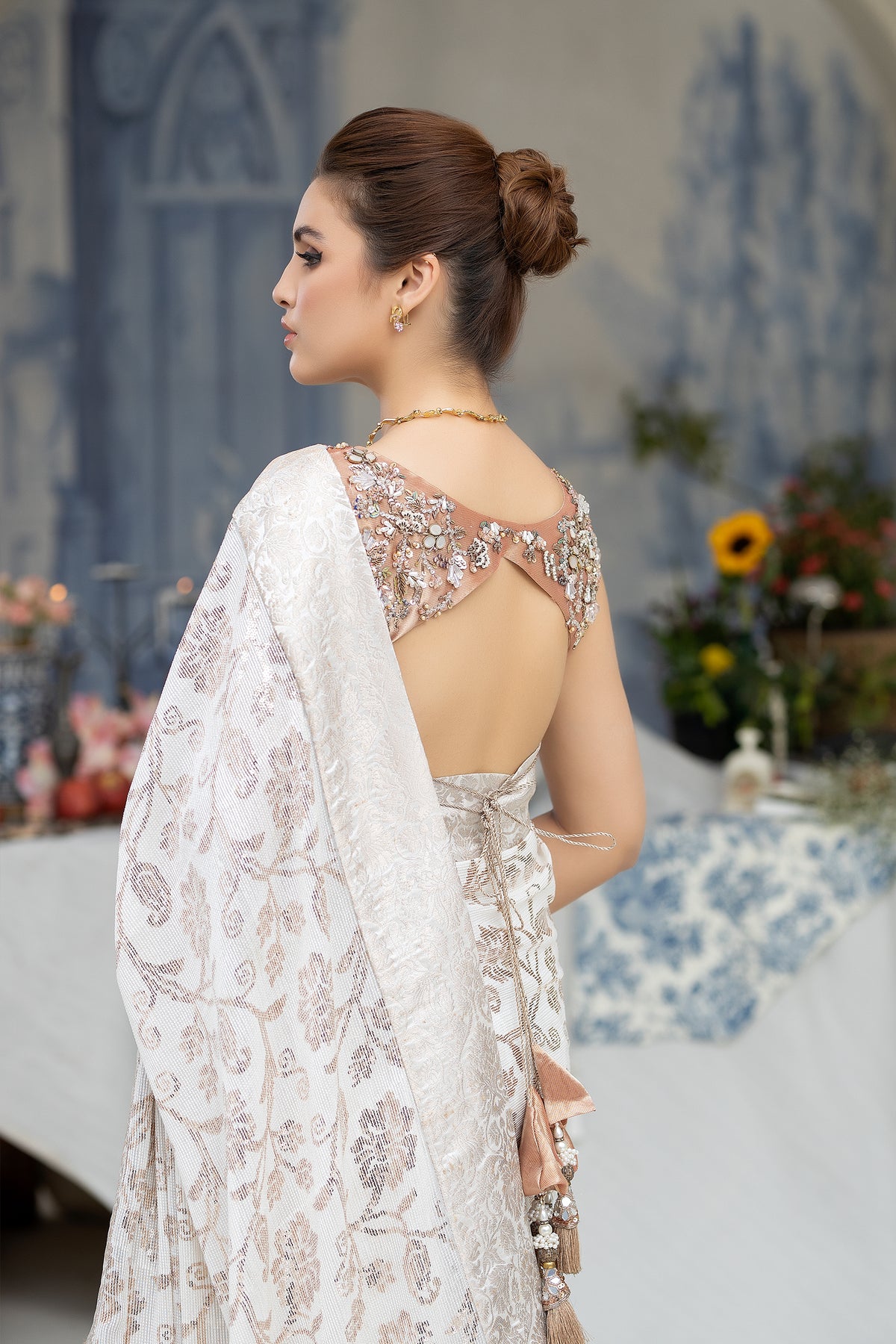 Pakistani White Hand-Embellished Khadi Net Saree (2-Piece) - Image 5