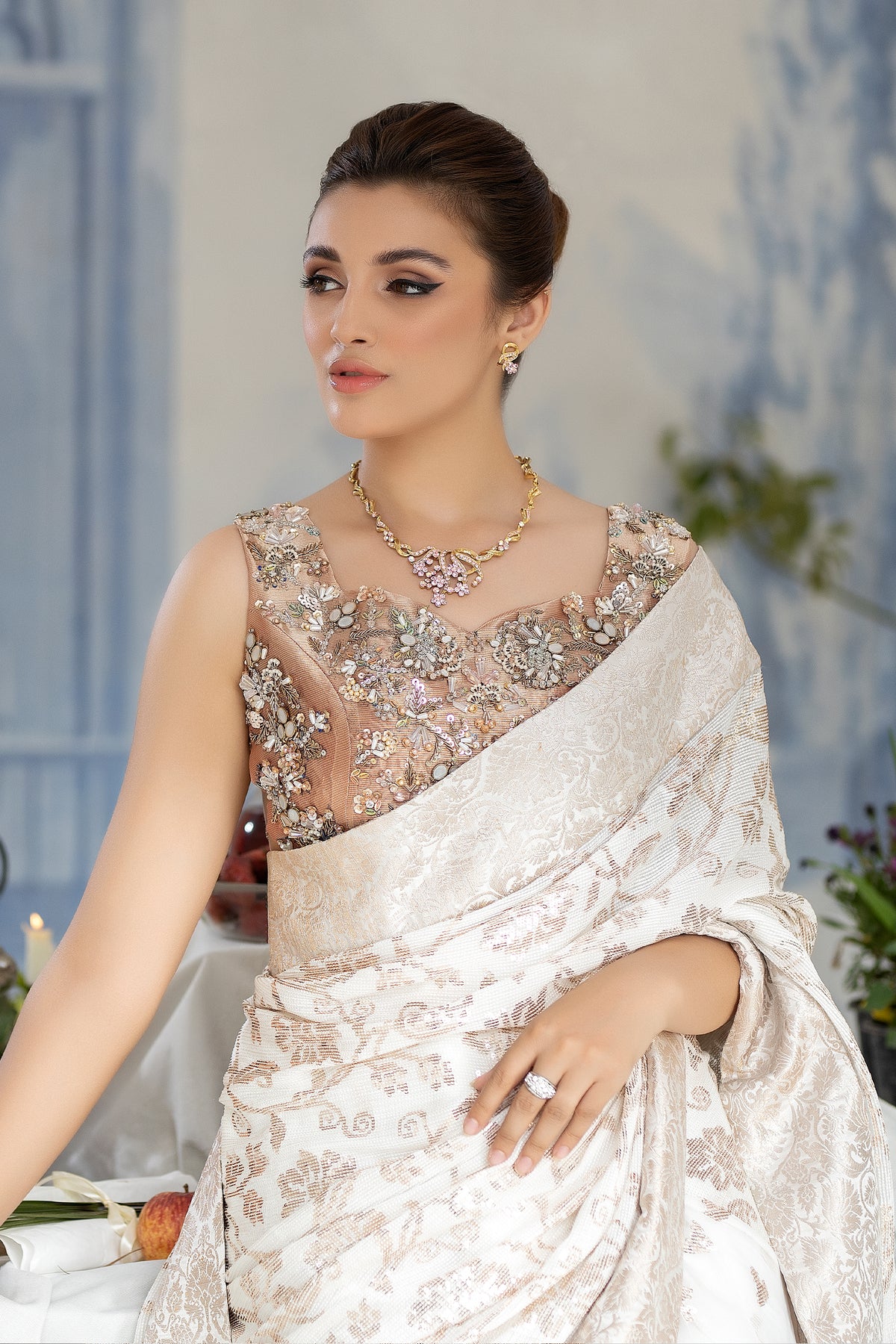 Pakistani White Hand-Embellished Khadi Net Saree (2-Piece) - Image 6