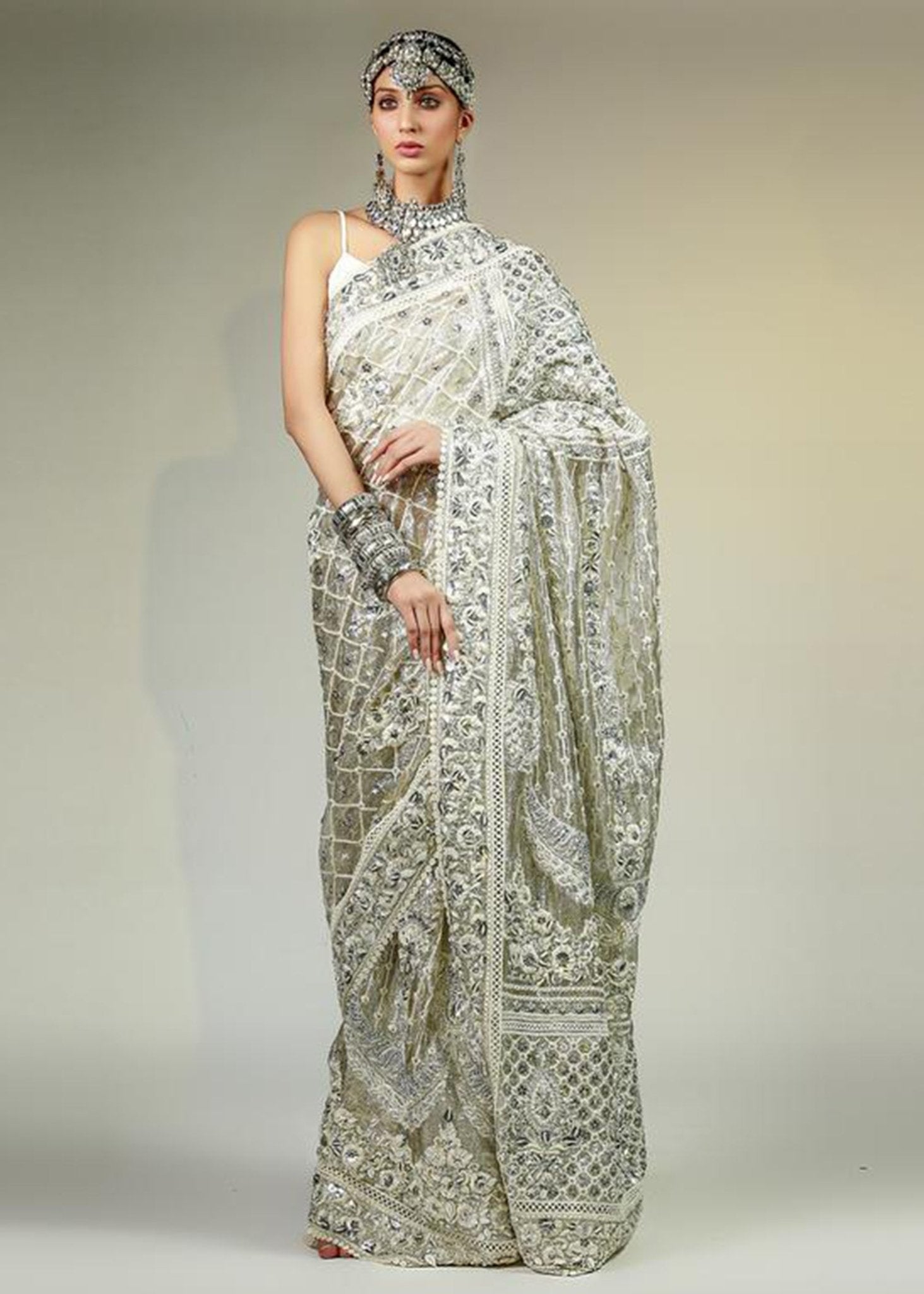 White Silver Sequins Korean Net Saree (3-Piece) - Image 2