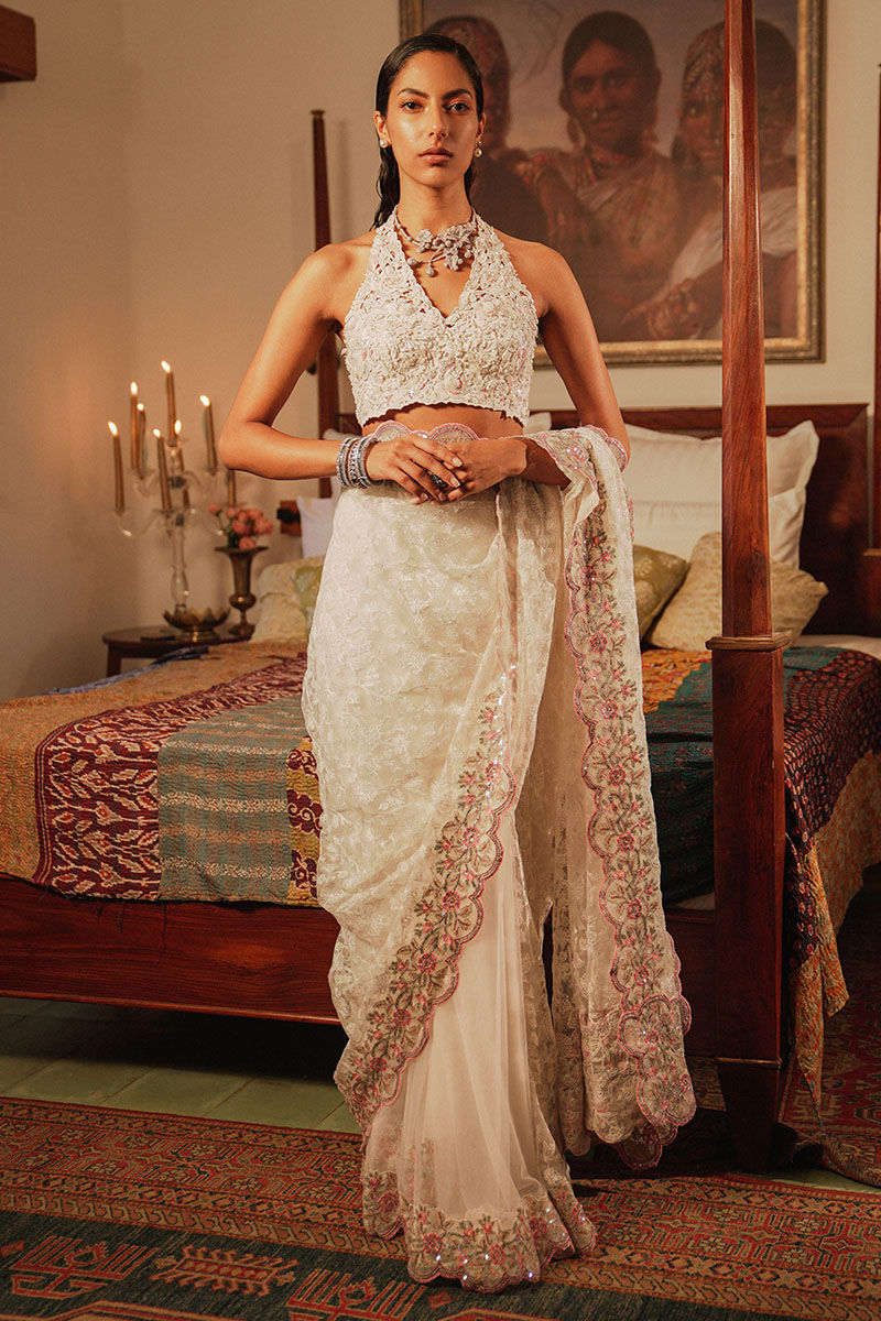 Pakistani White Embroidered Net Saree with Halter Blouse (2-Piece) - Image 1