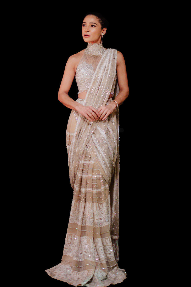 Pakistani White & Beige Embroidered Net Saree (2-Piece) - Image 1