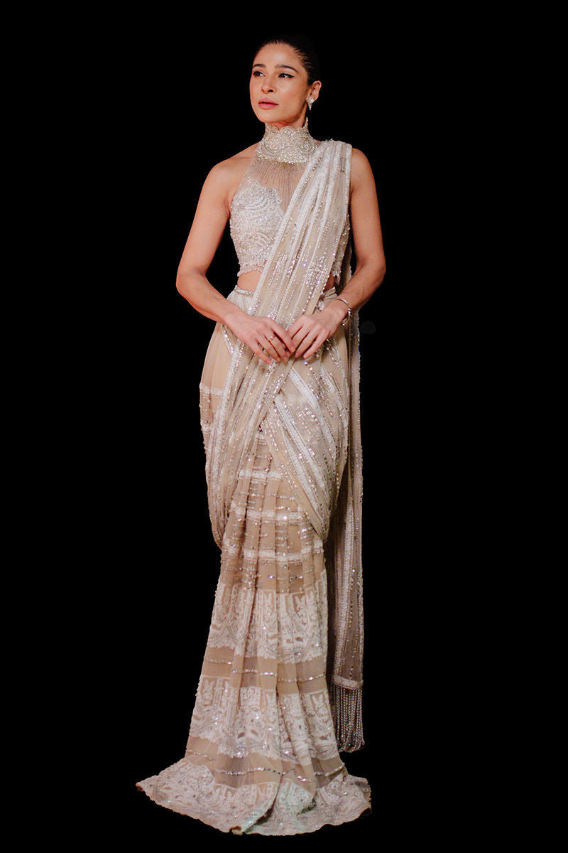 Pakistani White & Beige Embroidered Net Saree (2-Piece) - Image 3