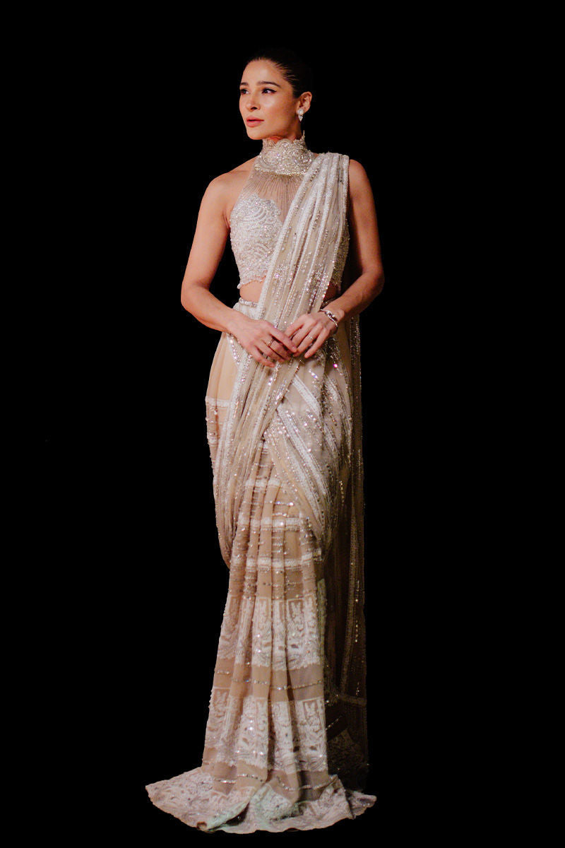 Pakistani White & Beige Embroidered Net Saree (2-Piece) - Image 5