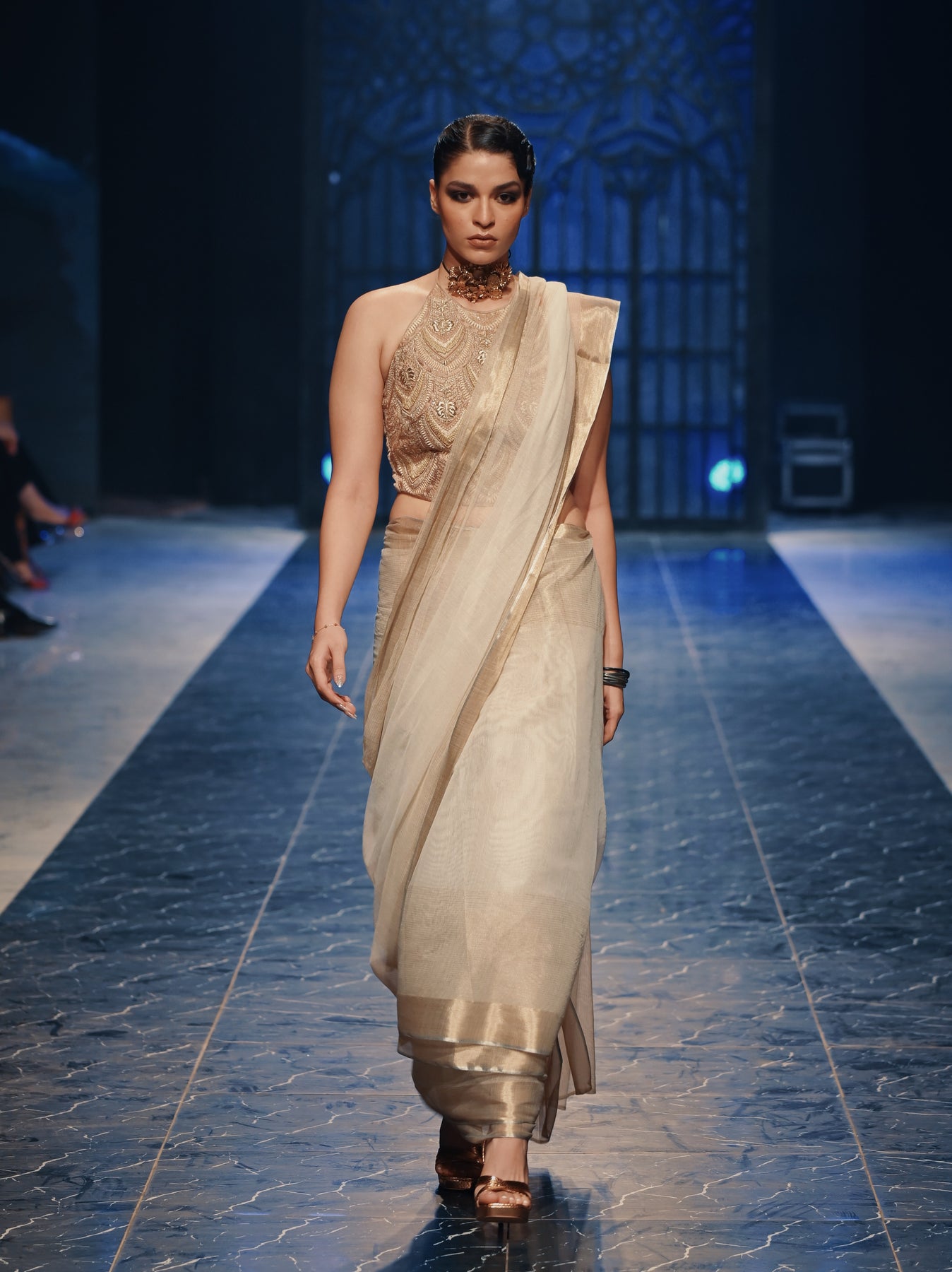 Pakistani White Net Sari with Gold Embroidered Halter Neck Blouse (2-Piece) - Image 1