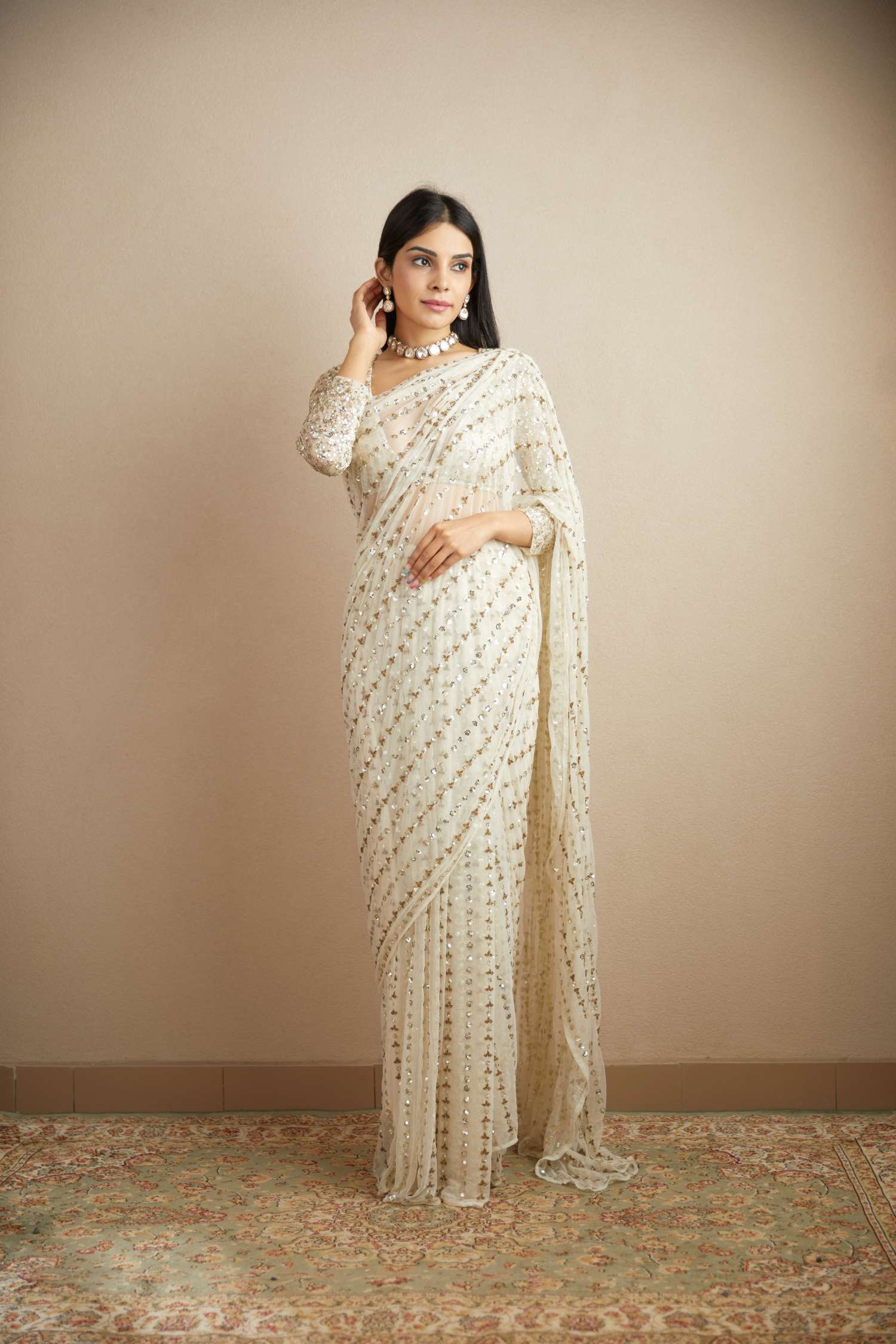 White Sequin Embroidered Net Saree (2-Piece) - Image 1