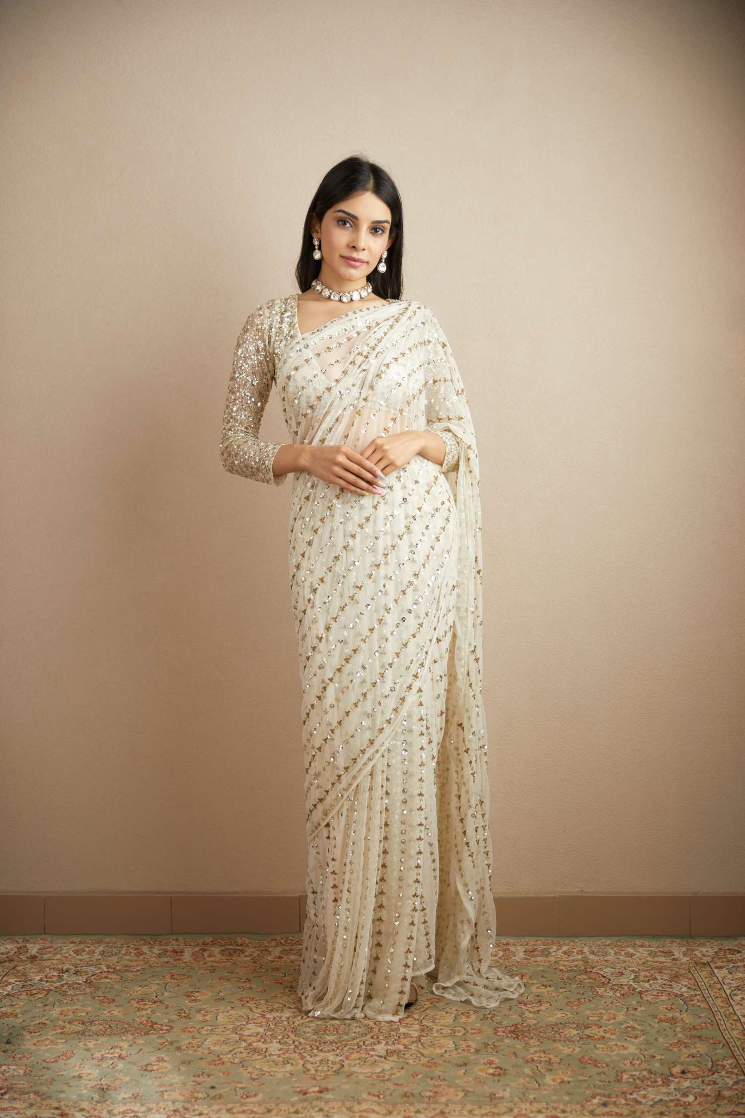 White Sequin Embroidered Net Saree (2-Piece) - Image 3