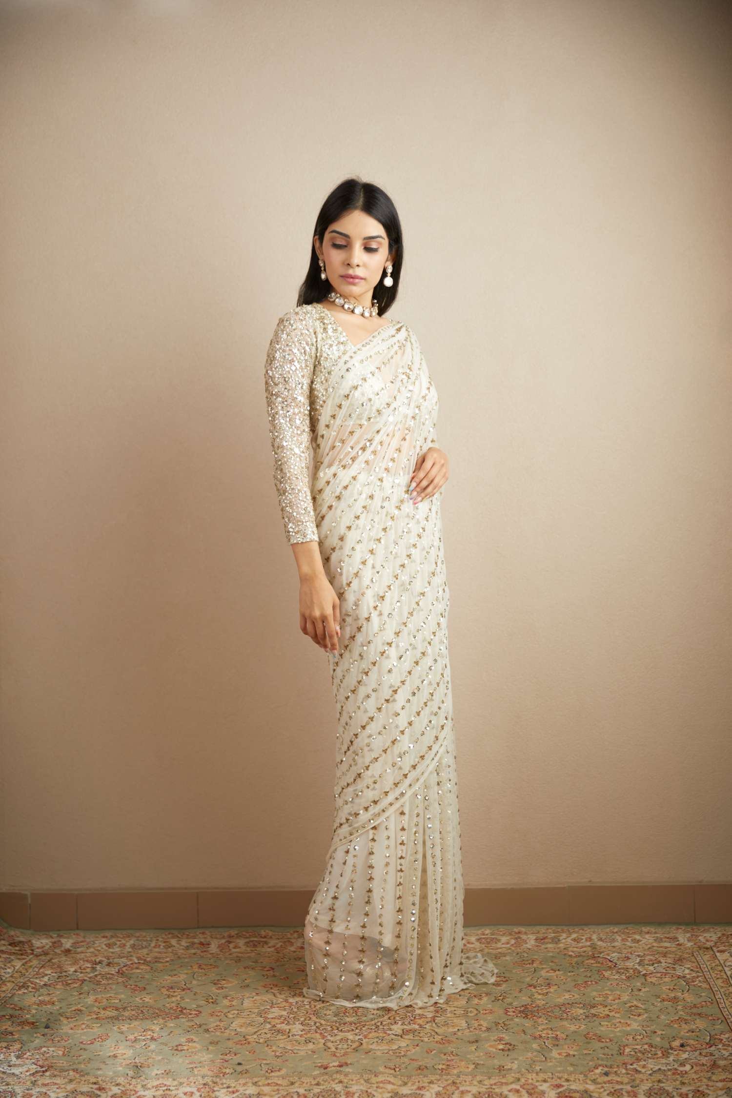 White Sequin Embroidered Net Saree (2-Piece) - Image 4