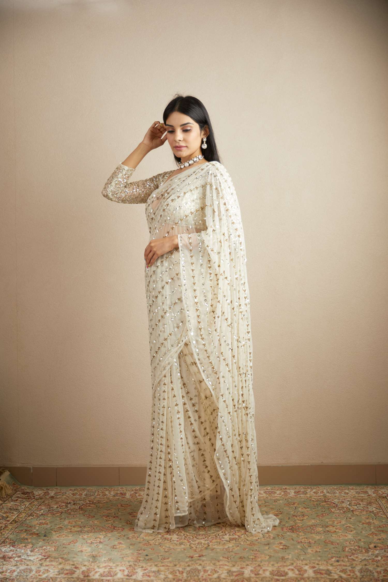 White Sequin Embroidered Net Saree (2-Piece) - Image 5
