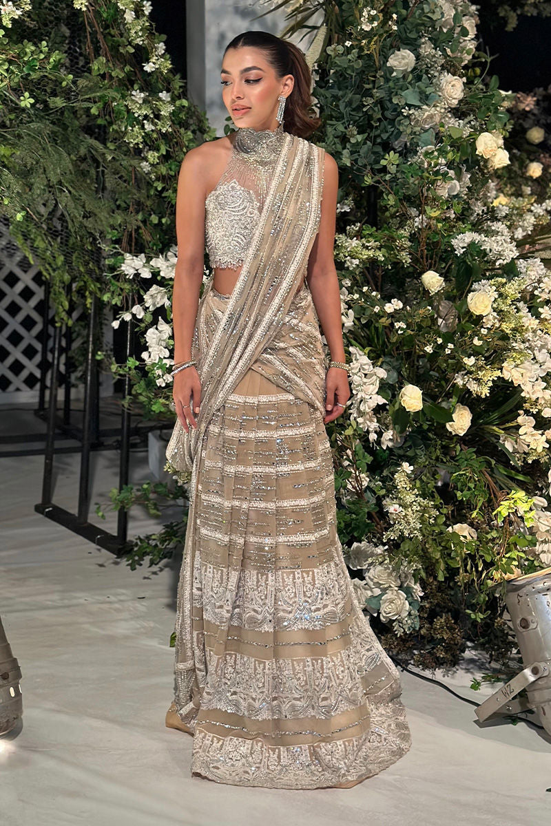 White & Beige Embroidered Net Saree (2-Piece) - Image 1