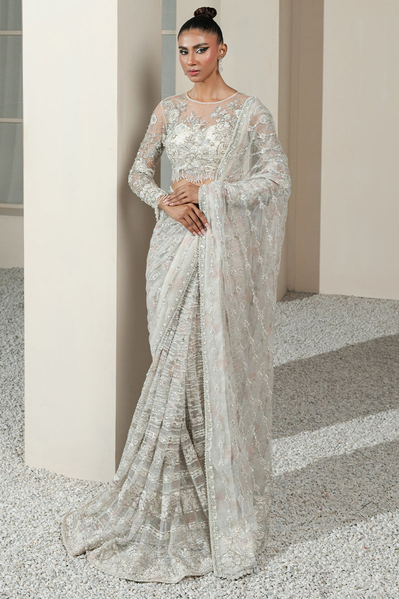White Embellished Net Saree (2-Piece) - Image 2