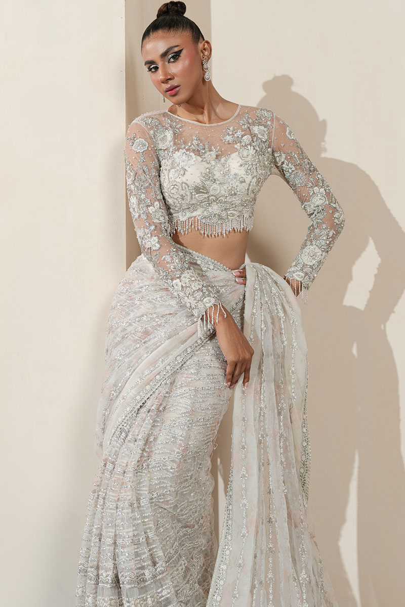 White Embellished Net Saree (2-Piece) - Image 3