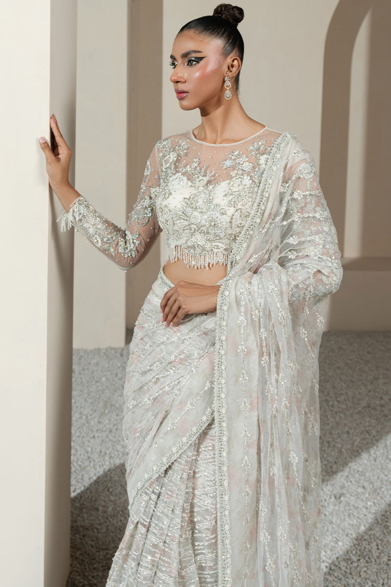 White Embellished Net Saree (2-Piece) - Image 5
