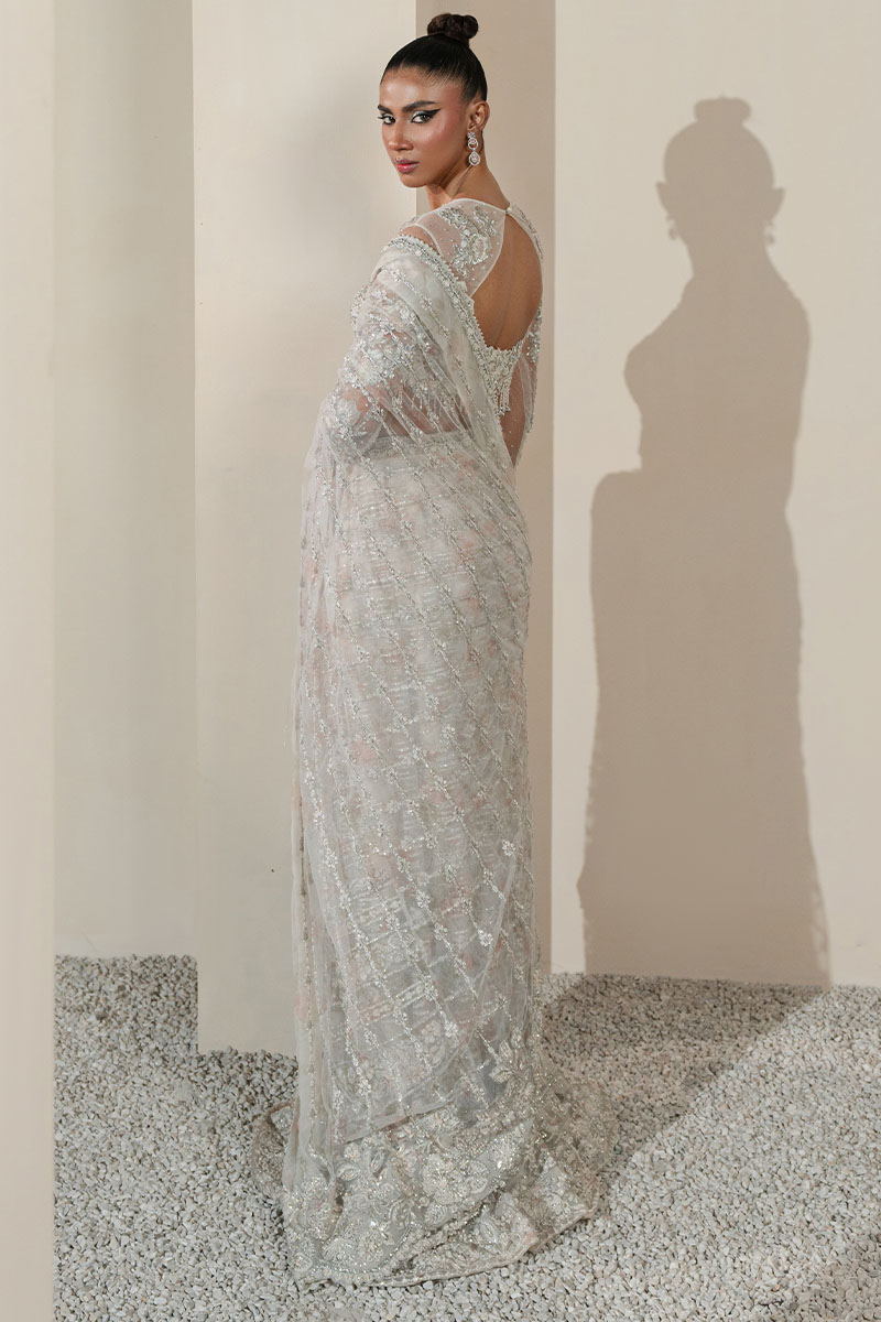 White Embellished Net Saree (2-Piece) - Image 6