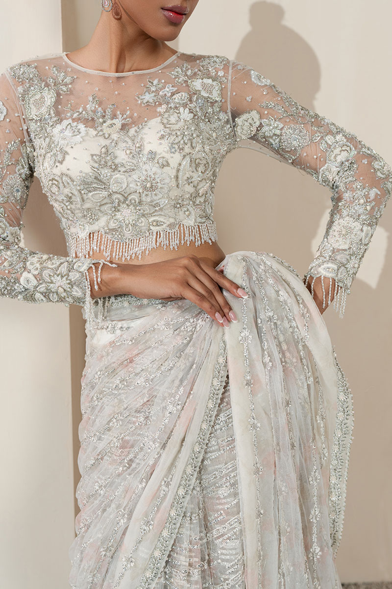 White Embellished Net Saree (2-Piece) - Image 7