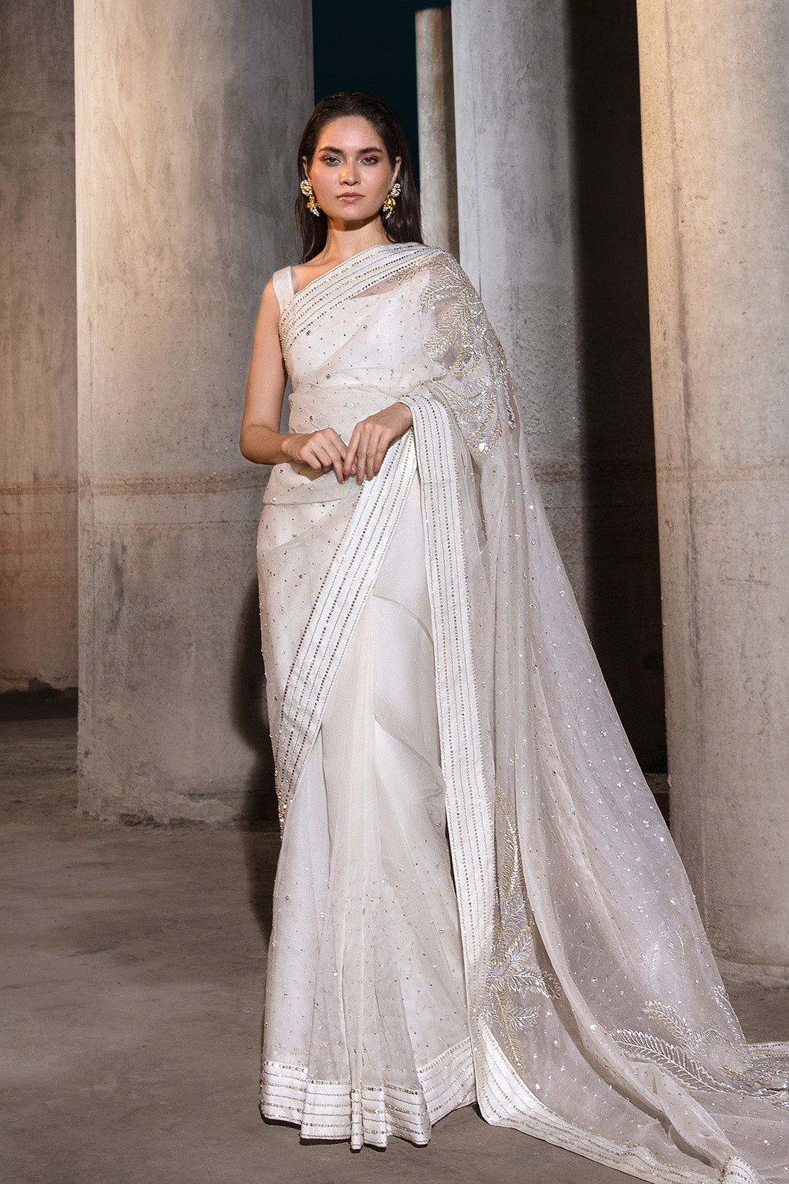 Indian White Cut Dana Stonework Organza Saree (2-Piece) - Image 2
