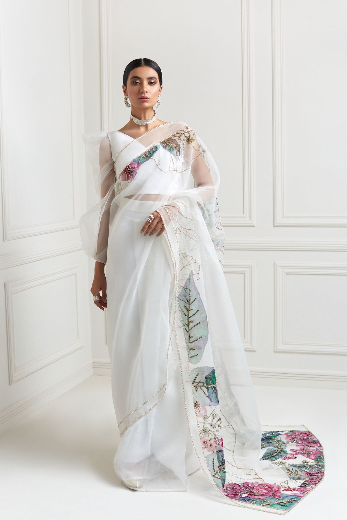 Pakistani White Hand-Painted Organza Saree with Embellished Blouse (2-Piece) - Image 1