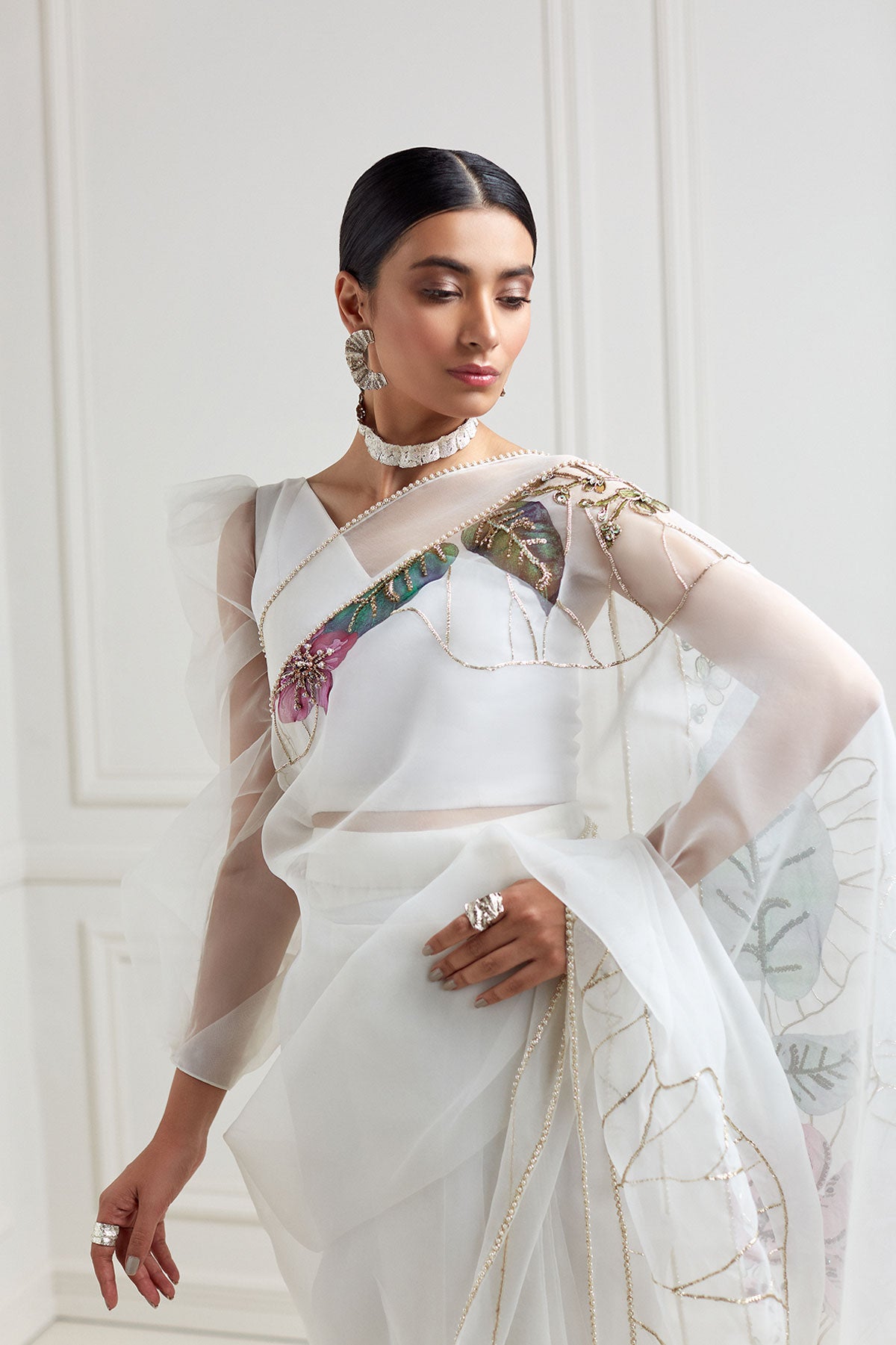Pakistani White Hand-Painted Organza Saree with Embellished Blouse (2-Piece) - Image 3