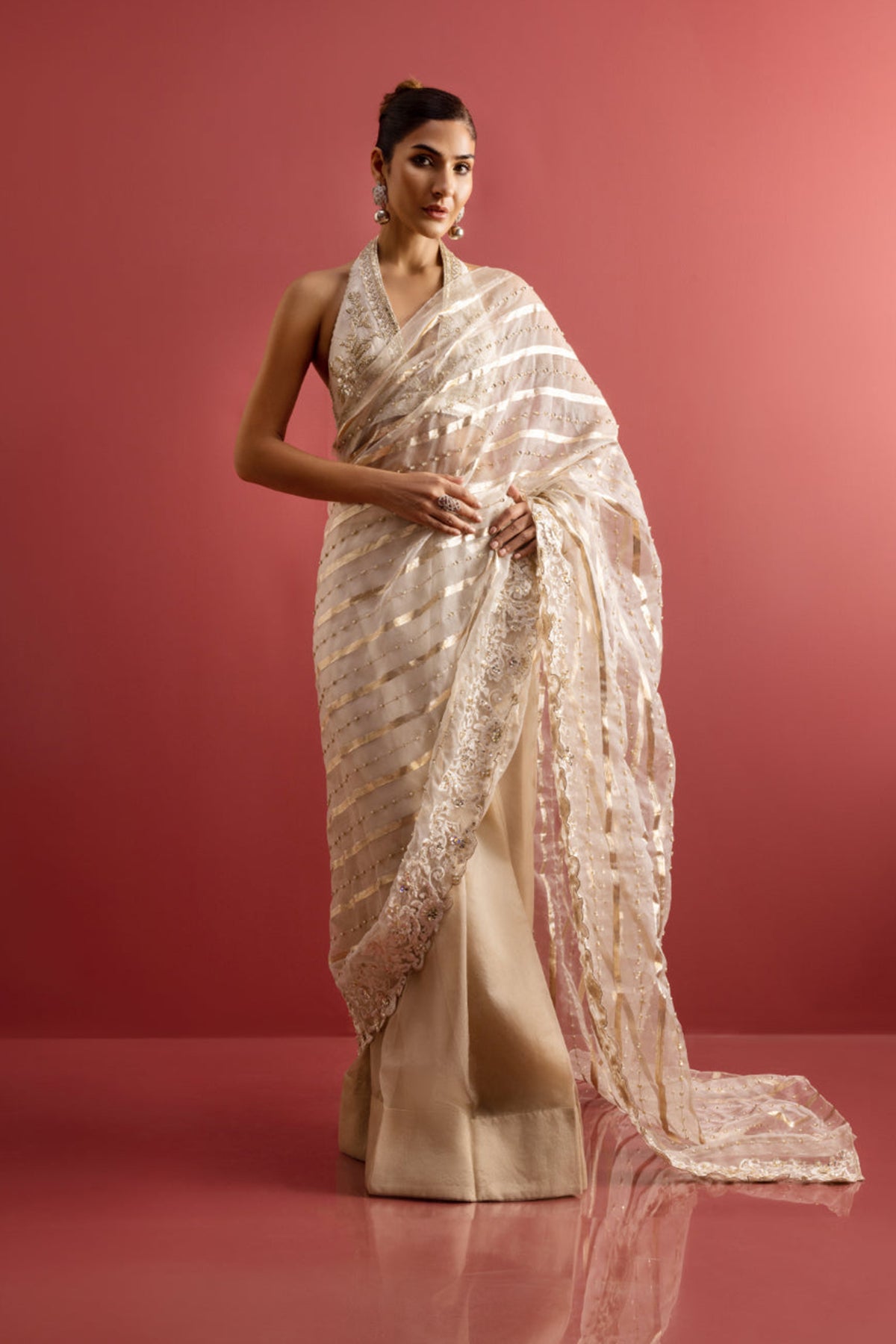 Pakistani Pearl White Hand-Embellished Organza Saree (2-Piece) - Image 1