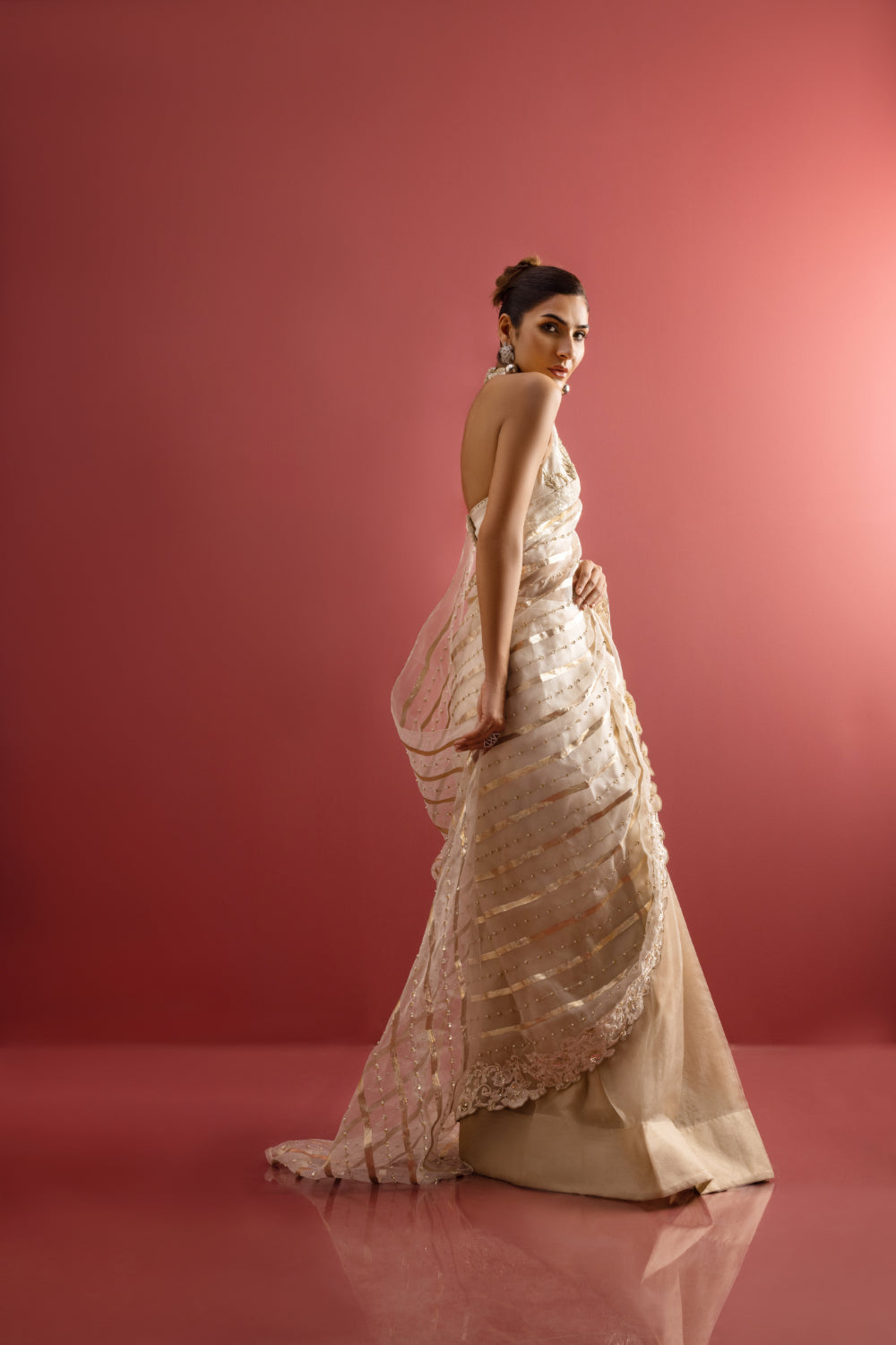 Pakistani Pearl White Hand-Embellished Organza Saree (2-Piece) - Image 5