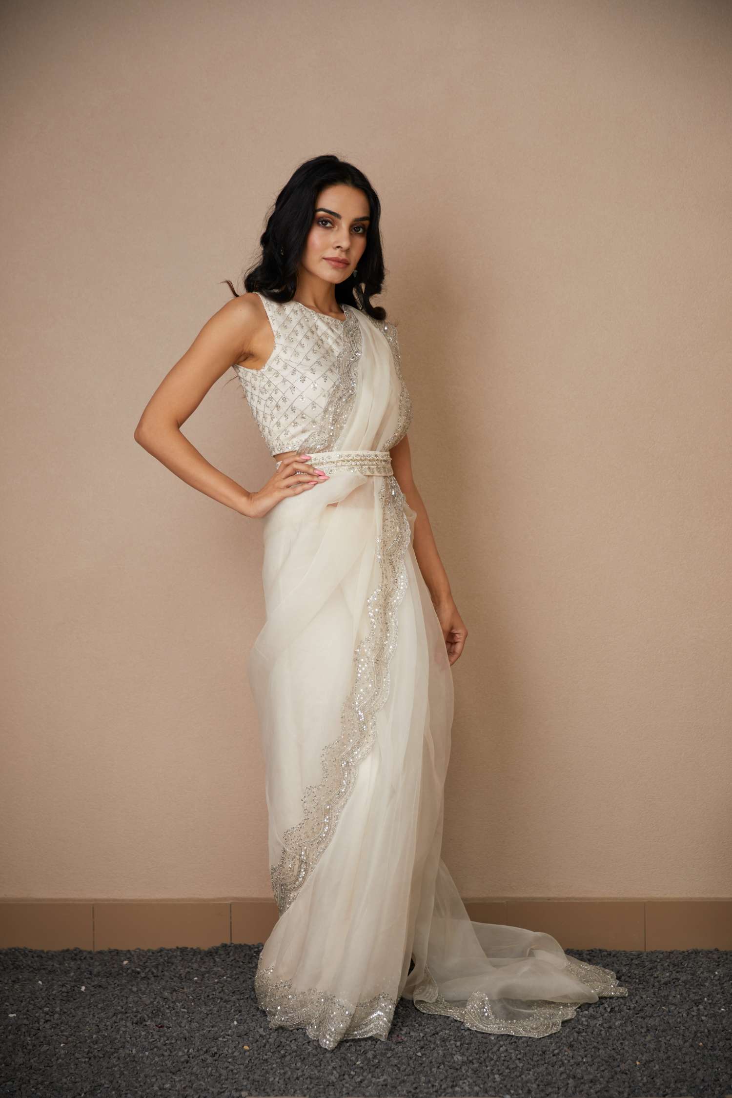 White Sequin Embroidered Organza Saree Set (2-Piece) - Image 1