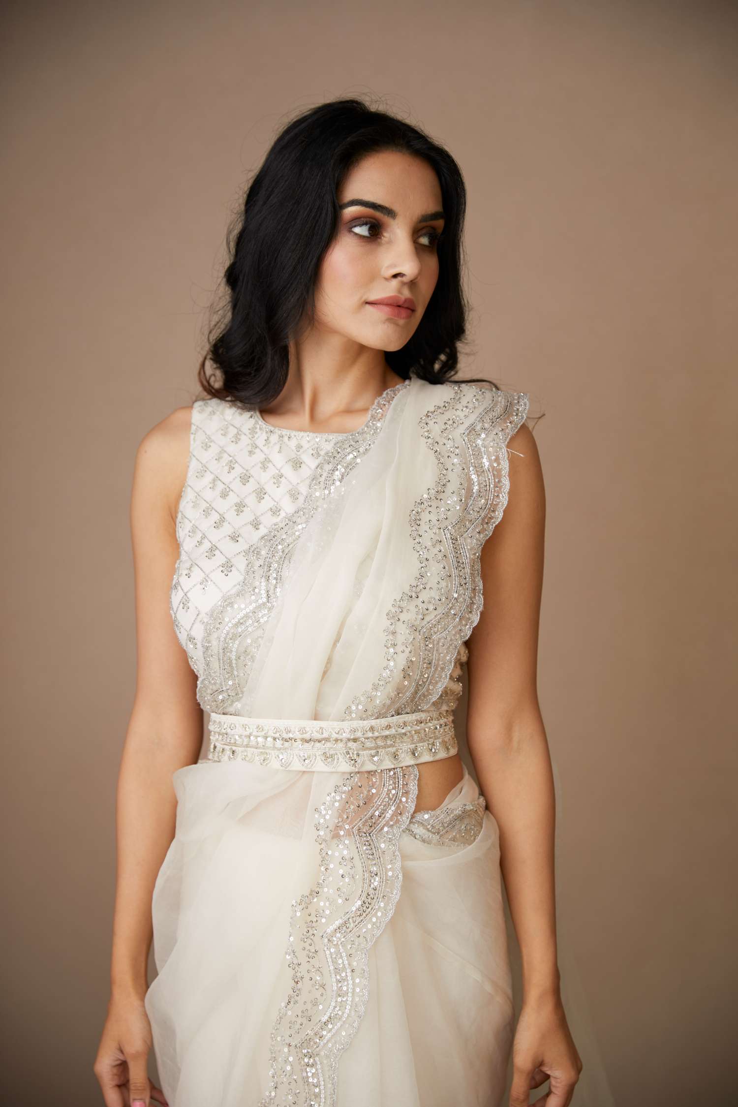 White Sequin Embroidered Organza Saree Set (2-Piece) - Image 3