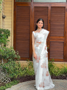 Pakistani White Floral Printed Organza Silk Saree (3-Piece) - Image 1