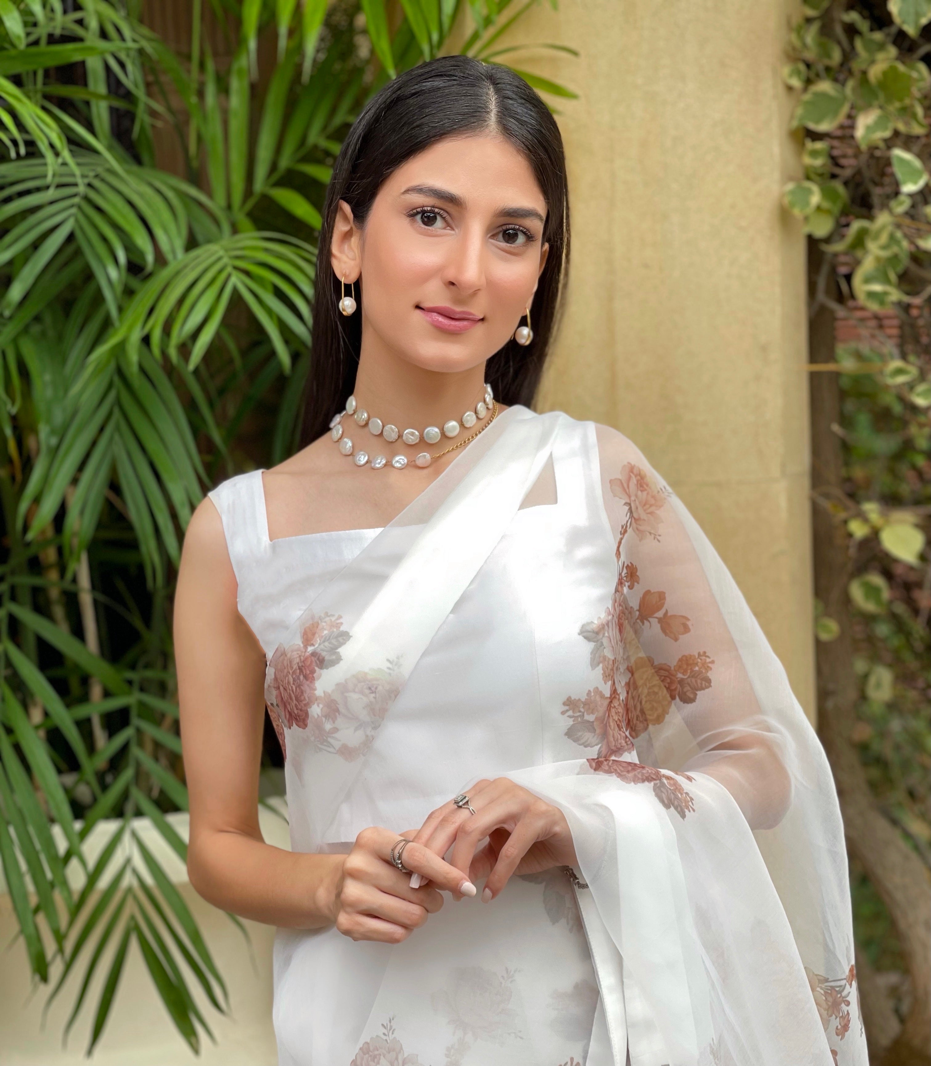 Pakistani White Floral Printed Organza Silk Saree (3-Piece) - Image 2