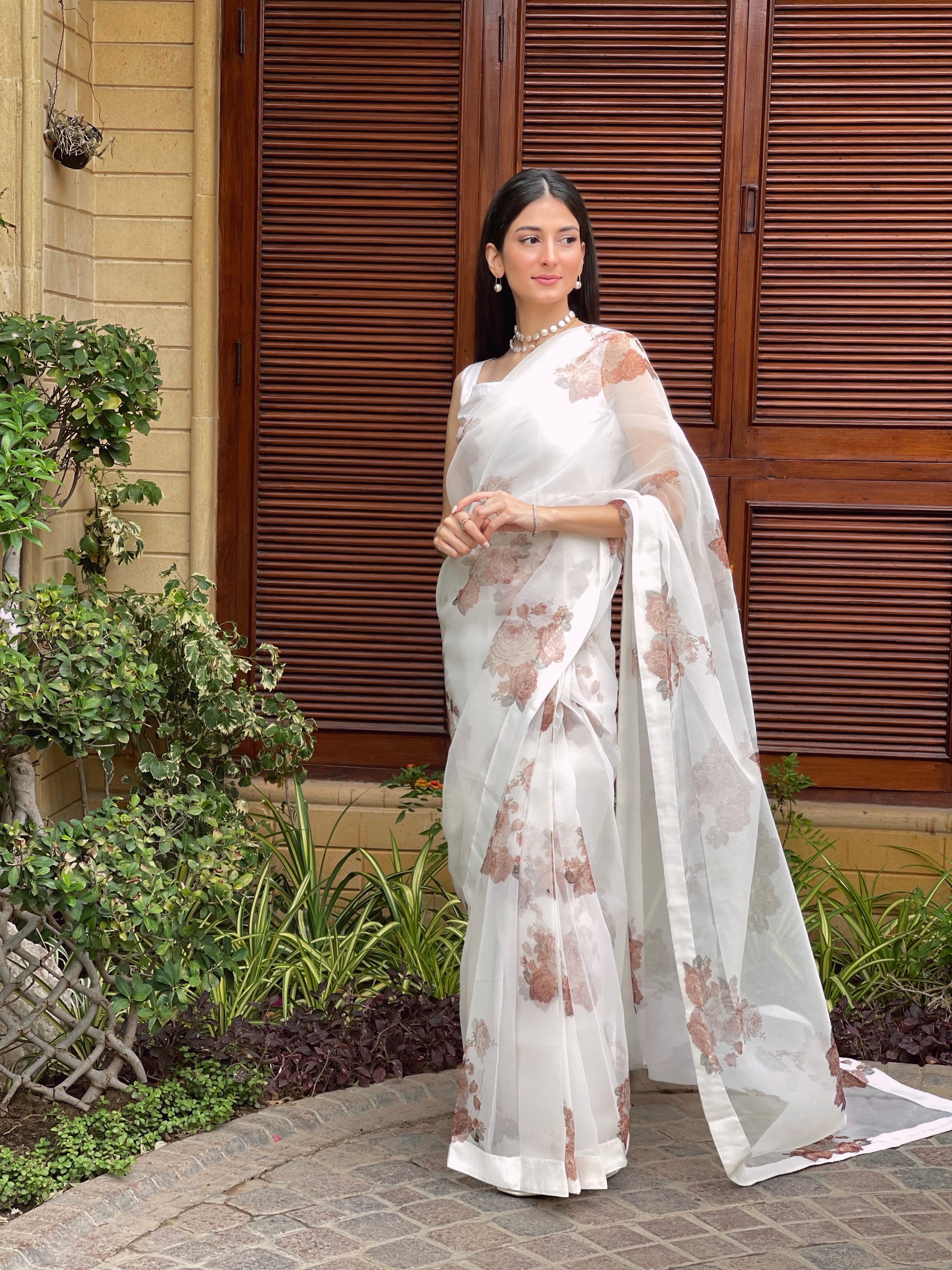 Pakistani White Floral Printed Organza Silk Saree (3-Piece) - Image 4