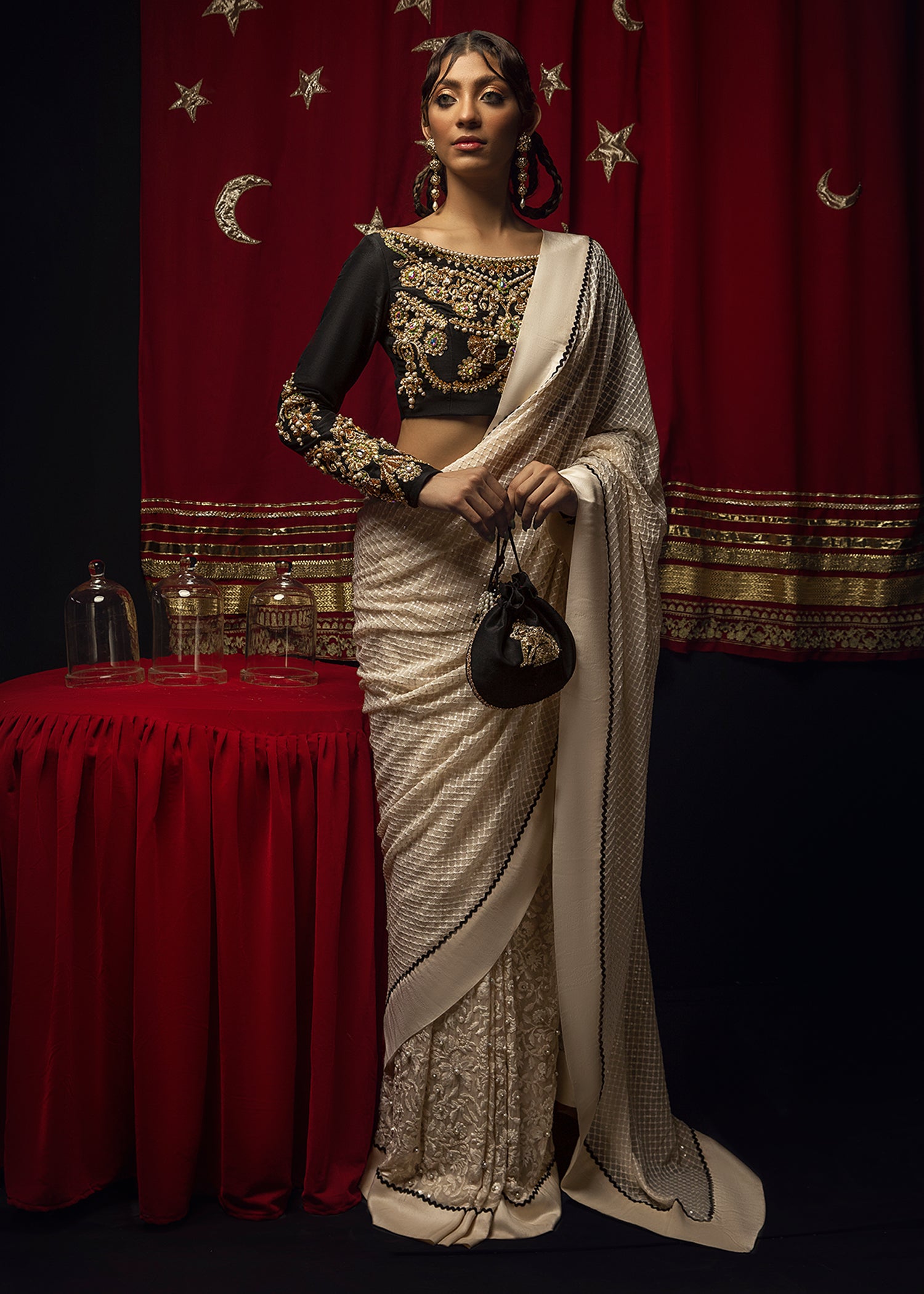 Pakistani White Embroidered Chiffon Saree with Black Raw Silk Blouse (2-Piece) - Image 1