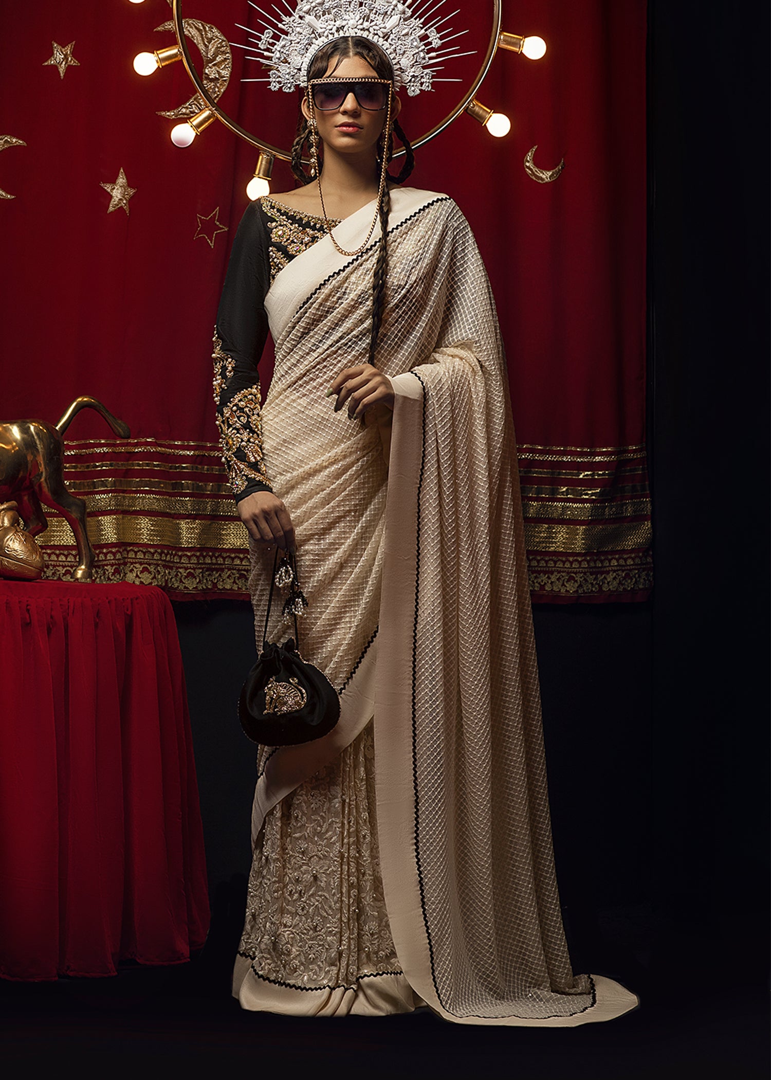 Pakistani White Embroidered Chiffon Saree with Black Raw Silk Blouse (2-Piece) - Image 2