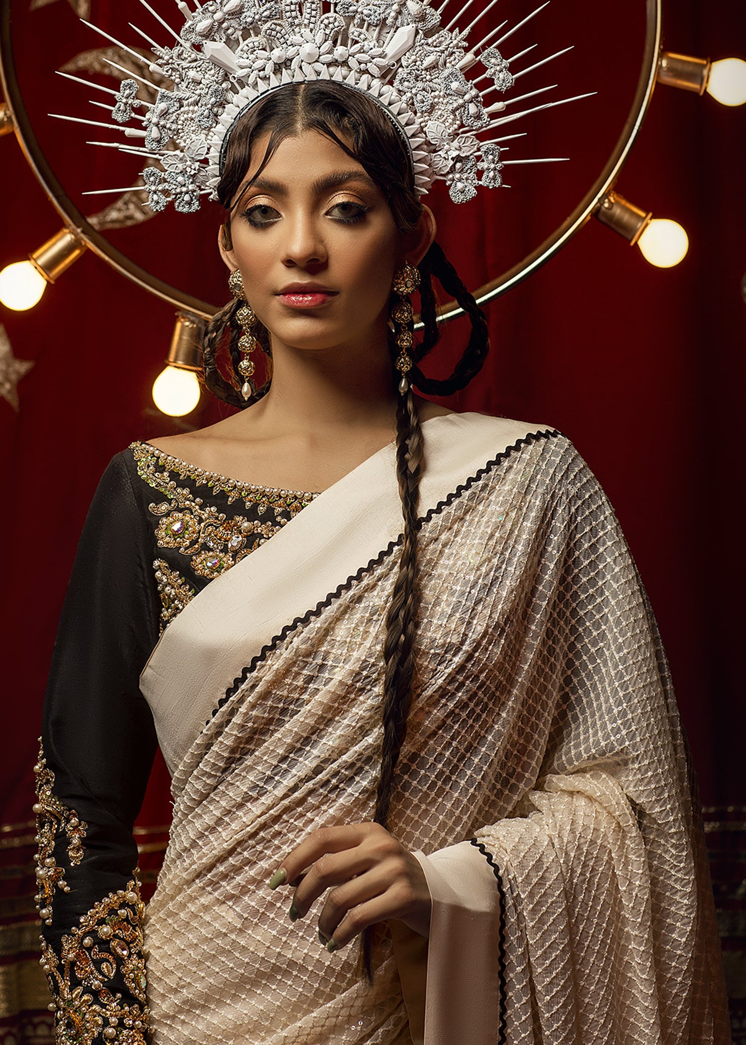 Pakistani White Embroidered Chiffon Saree with Black Raw Silk Blouse (2-Piece) - Image 3