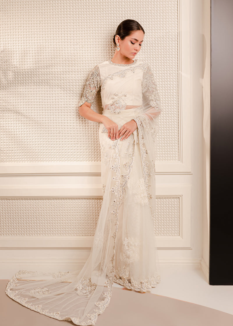 Pakistani White Embellished Korean Rawsilk & Net Saree (2-Piece) - Image 1