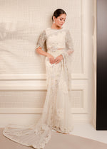 Pakistani White Embellished Korean Rawsilk & Net Saree (2-Piece) - Image 2