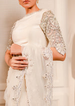 Pakistani White Embellished Korean Rawsilk & Net Saree (2-Piece) - Image 5