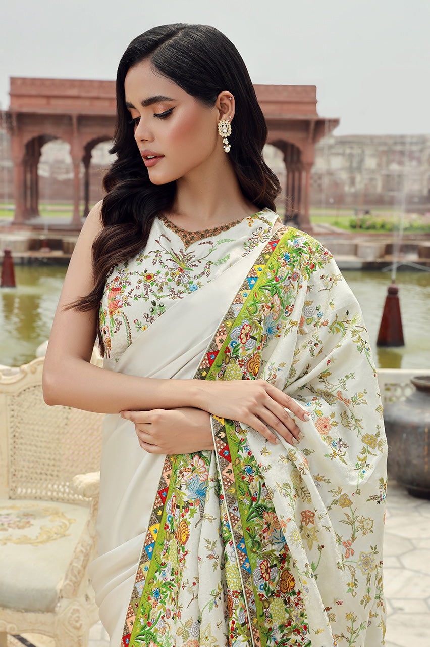 Pearl White Hand-Embroidered Silk Saree (3-Piece) - Image 1