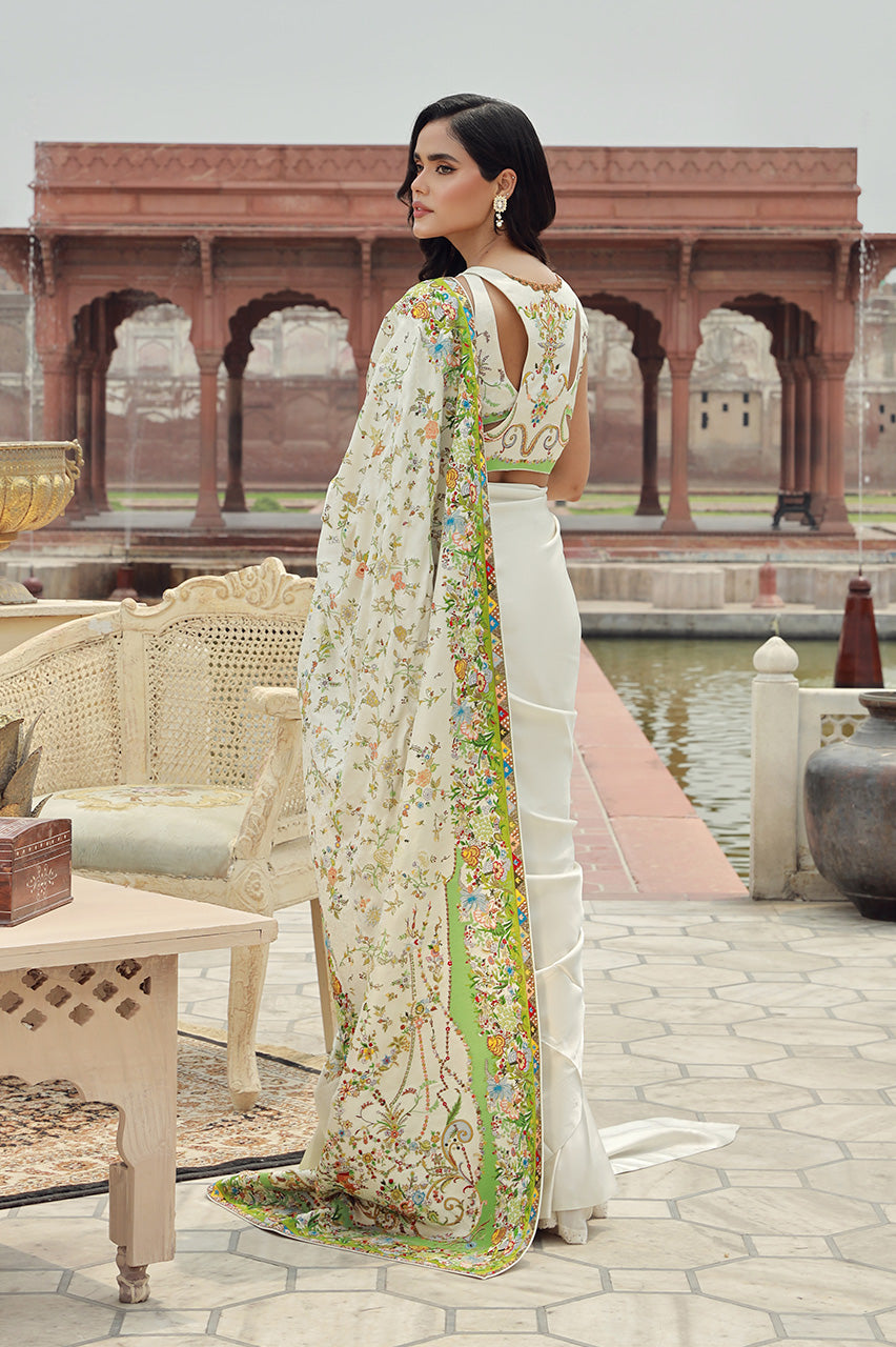 Pearl White Hand-Embroidered Silk Saree (3-Piece) - Image 3