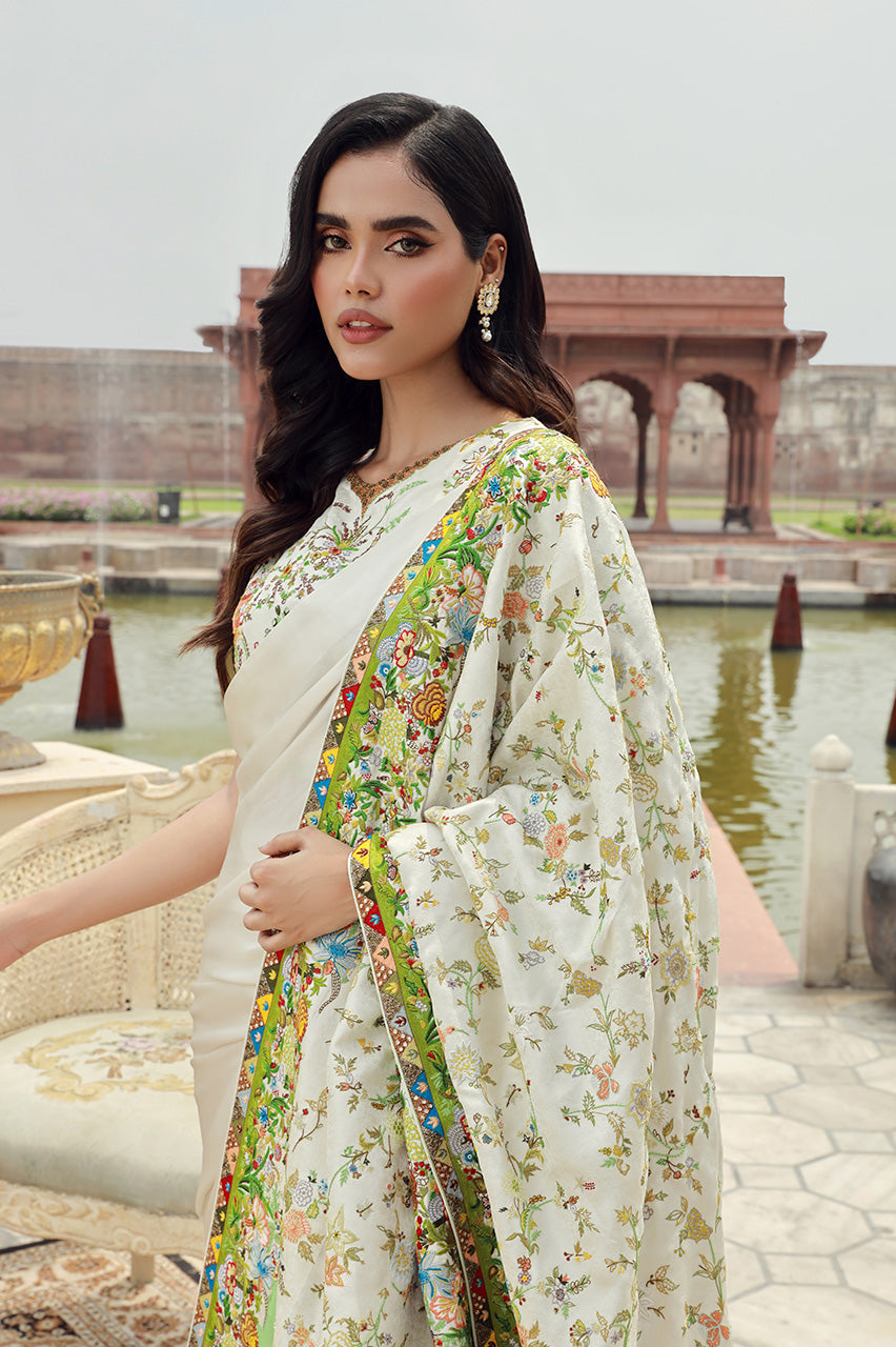 Pearl White Hand-Embroidered Silk Saree (3-Piece) - Image 4