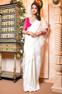 Pakistani Shocking Pink Embroidered Organza Blouse & White Silk Saree (2-Piece) - Image 2