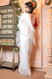 Pakistani Shocking Pink Embroidered Organza Blouse & White Silk Saree (2-Piece) - Image 3