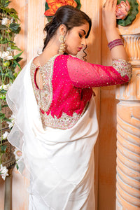 Pakistani Shocking Pink Embroidered Organza Blouse & White Silk Saree (2-Piece) - Image 4
