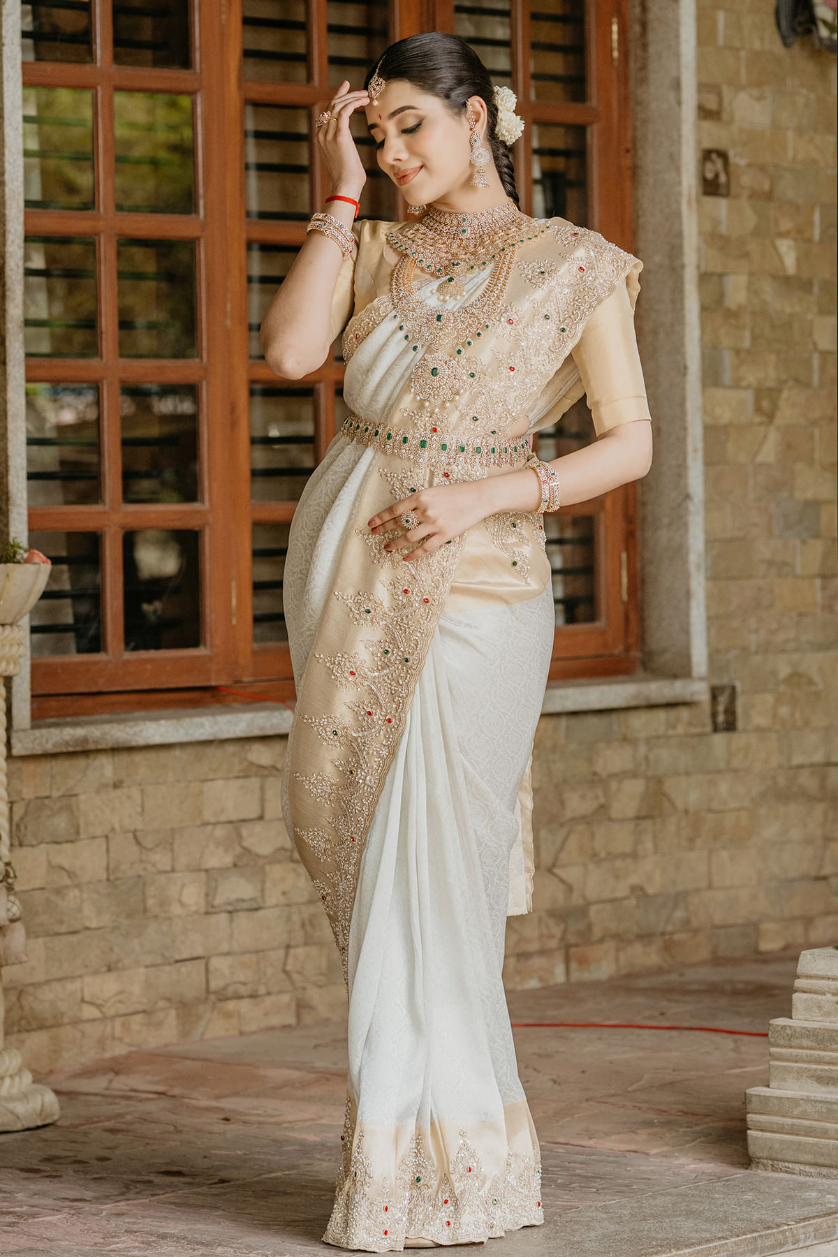 Indian White Zardozi Tissue Saree (2-Piece) - Image 1