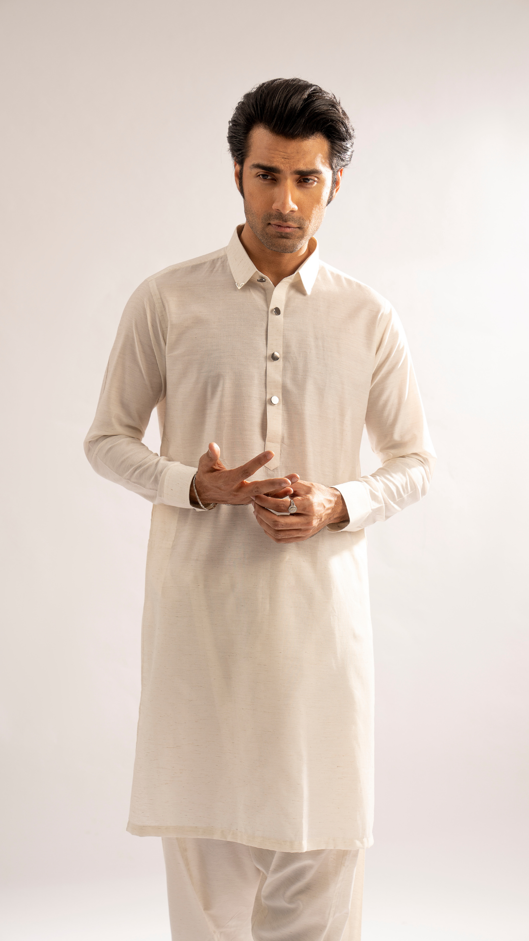 White Metal Button Cotton Shalwar Kameez (2-Piece) - Image 1