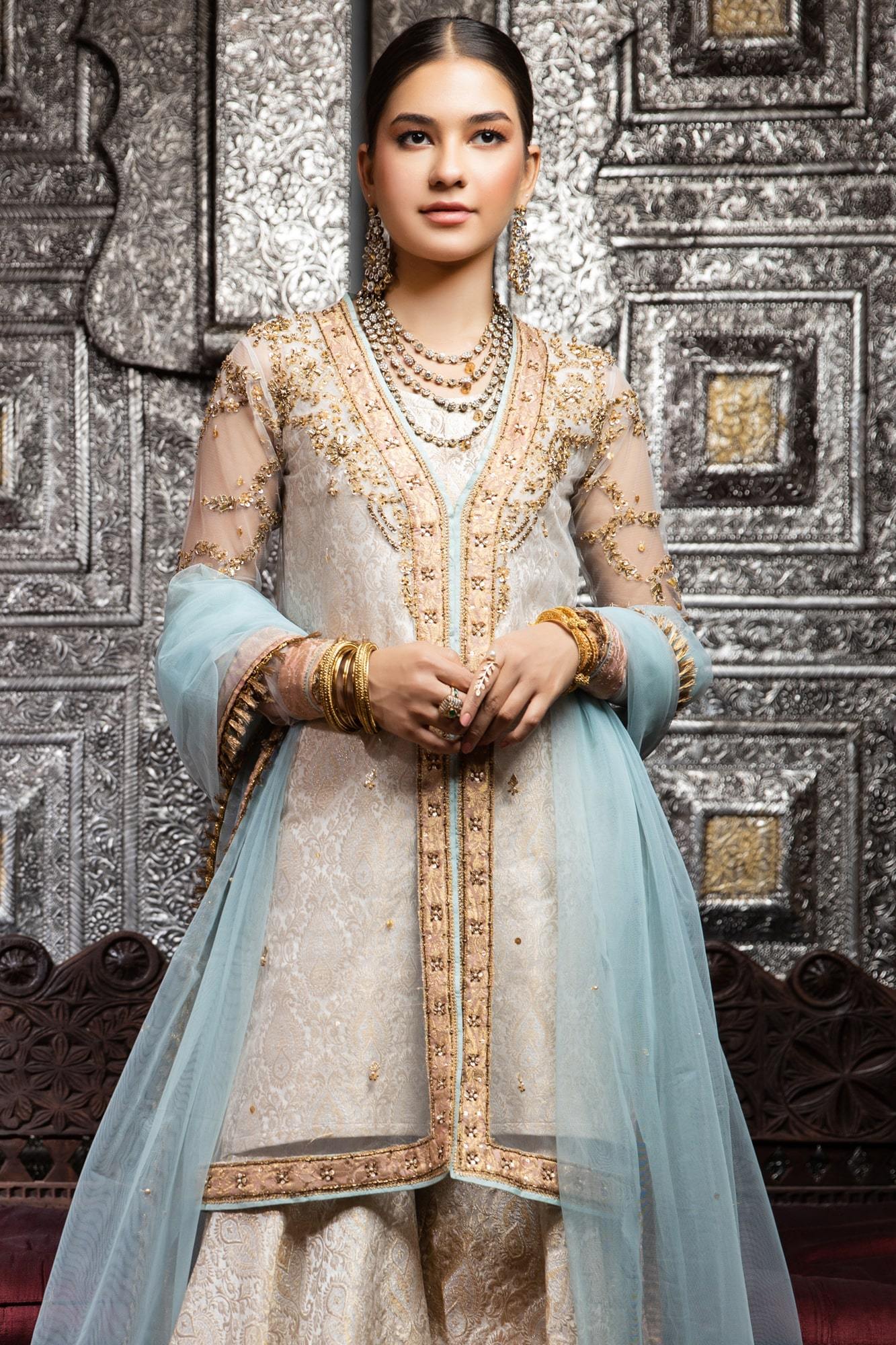 Pakistani White Hand-Embroidered Net & Banarsi Sharara (3-Piece) - Image 3