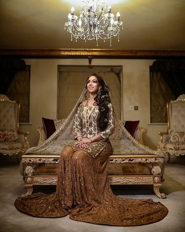 Pakistani White Gold Embroidered Chiffon Sharara (3-Piece) - Image 2